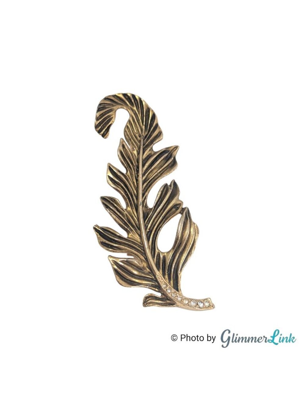 Vintage Fern Leaf Brooch - Gold Tone Rhinestone Botanical Pin